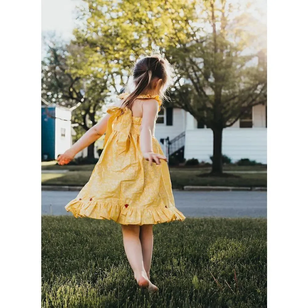 Handmade Boutique Childs Belle Yellow Marbled Sweetheart Bodice Embroidered Rose